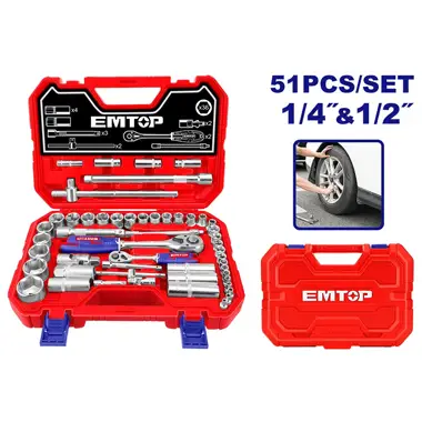 51 Pcs 1/4″ + 1/2″ Socket Set | EMTOP ESKT42511